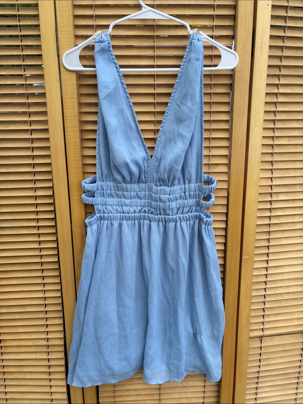 Light Blue Midi Dress with Deep V and Smocked Waist